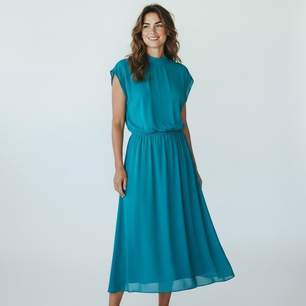 VTG Silk Studio Teal 100% Silk Mock Neck Midi Dress SZ 10 romantic minimalist